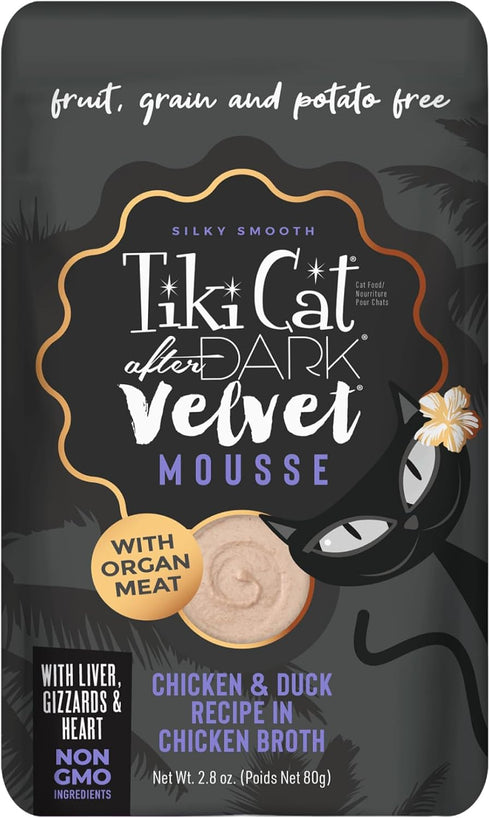 Tiki Cat After Dark Velvet Mousse, Chicken & Duck Recipe in Chicken Broth, 2.8 oz. Pouch (Pack of 12)