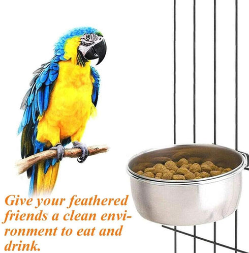 kathson 2 Pack Bird Feeding Dish Cups, Stainless Steel Parrot Feeders with Clamp Holder for Parakeet Cockatiels Conure