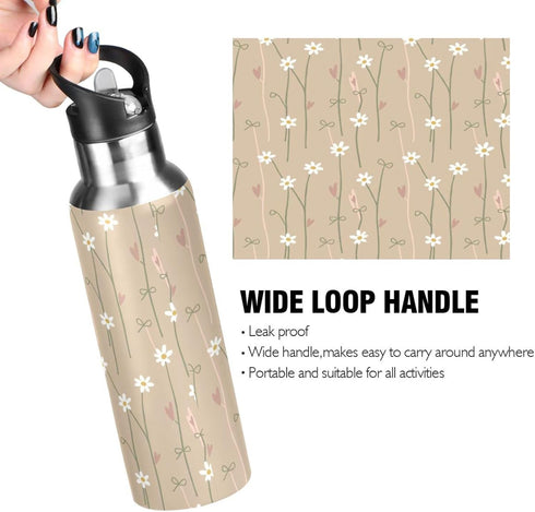 Wassud 32 oz Water Bottle Warm Beige Floral Stainless Steel Sport Water Bottle with Straw Insulated Water Bottles
