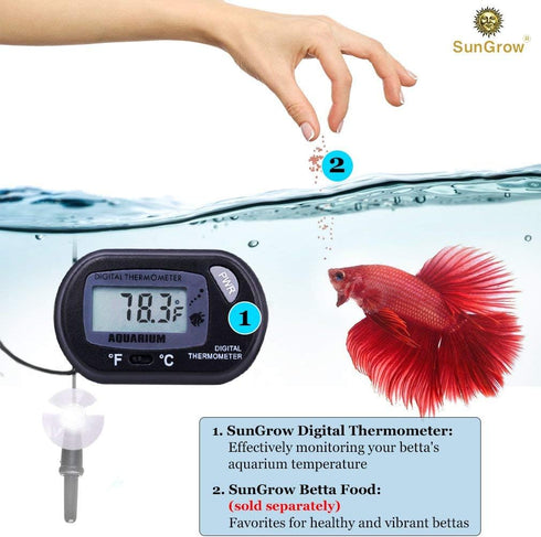 SunGrow Digital Betta Thermometer for Tropical Aquarium Fish, Black Color, 4 Suction Cups and 2 Batteries Included, 2