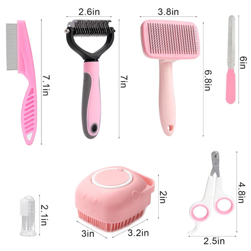 8 Pcs Dog Brush Grooming Kits, Self Cleaning Kit with Nail Clipper, Flea Comb, Bath Brush, and More, Pink