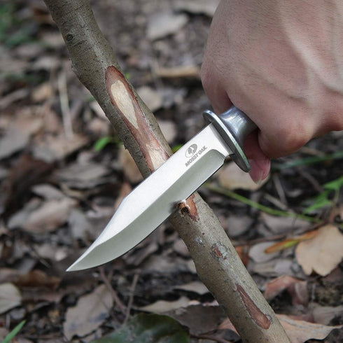 Mossy Oak Fixed Blade Bowie Knife, 2-Piece Hunting Knife with Leather Handle and Laser Pattern Sheath Included