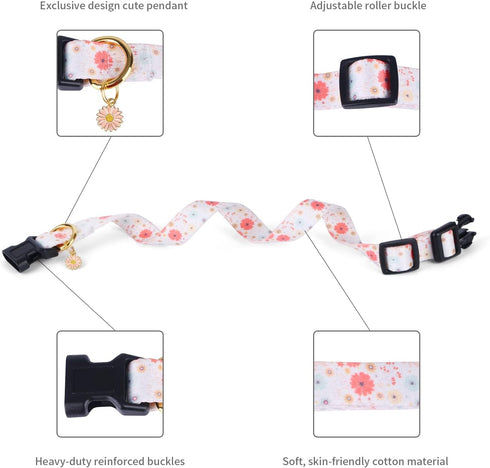 Cotton Handmade Dog Collar - Beige Daisy with Pendant for Small Medium Large Dogs, Cute Ideal for Girl Boy Dogs, Large