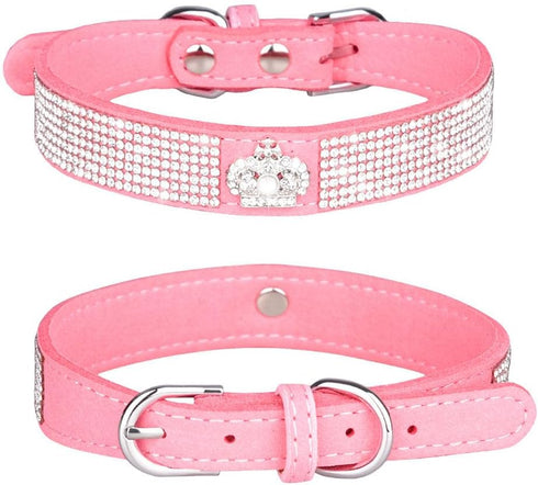 Small Dog Collar with Crown Rhinestone, Pink Glitter Crystal Jewel Bling for XXS XS Small Medium Female Dogs