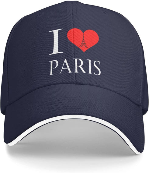 Unisex I Love Paris Baseball Hat, Adjustable Trucker Cap with Eiffel Tower Heart Design