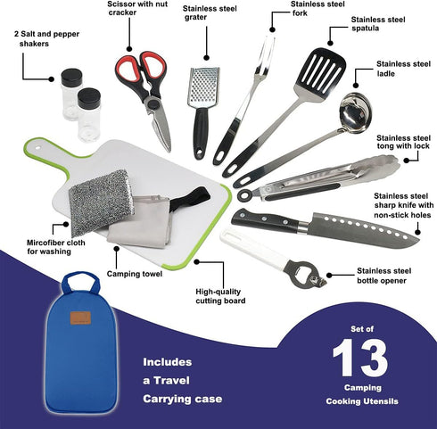 Gold Armour 13 Piece Camp Kitchen Utensil Organizer Set, Portable BBQ Camping Gear & Accessories Kit