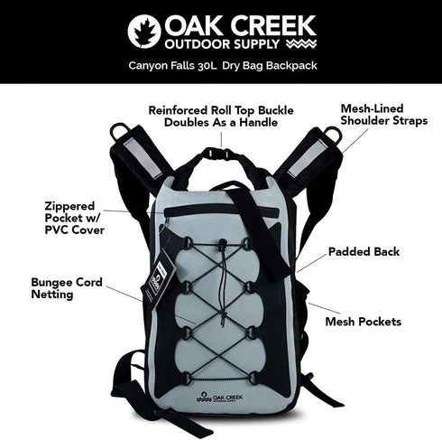 Oak Creek Canyon Falls 30L Waterproof Dry Bag Backpack, Premium PVC Construction with Padded Shoulder Straps
