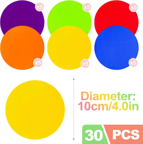 ZukoCert 30-Pack Poly Spots & Non-Floor Markers Flat Sit Spots for Gym Class, Classroom Rugs & Kids Agility Training