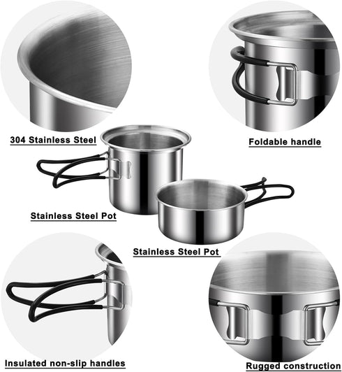 Stainless Steel Camping Cookware Mess Kit, Backpacking Cooking Set with Mini Stove for Outdoor Use