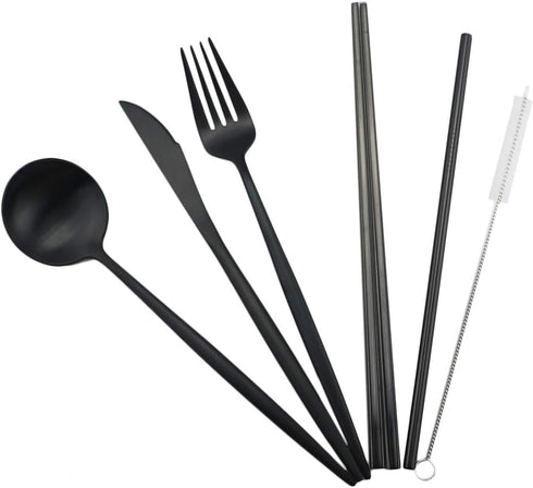 Gugrida Luxury Black Matte Portable Stainless Steel Travel Flatware Set of 7, Eco-Friendly with Carrying Case