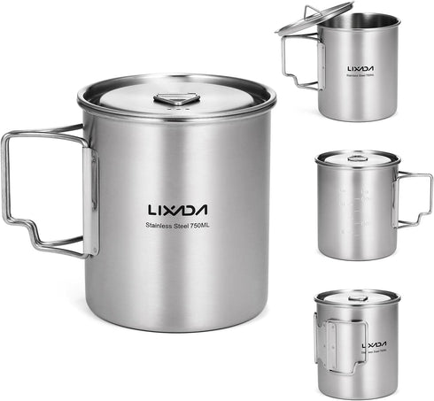 LIXADA 750ml Stainless Steel Camping Cup Pot with Foldable Handles and Lid