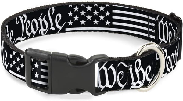 Buckle-Down Americana Flag Dog Collar, Plastic Clip, We The People, Black White, 11 to 17 Inches, 1.0 Inch Wide