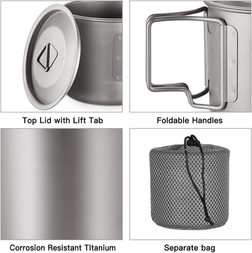 Lixada Titanium Pot, Lightweight Camping Pot, Titanium Cup, Backpacking Pot with Portable Handles