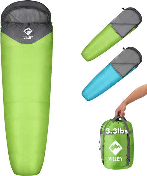 VILLEY Mummy Sleeping Bag, Lightweight Backpacking for Adults & Kids, Camping Hiking Equipment for 3-4 Seasons