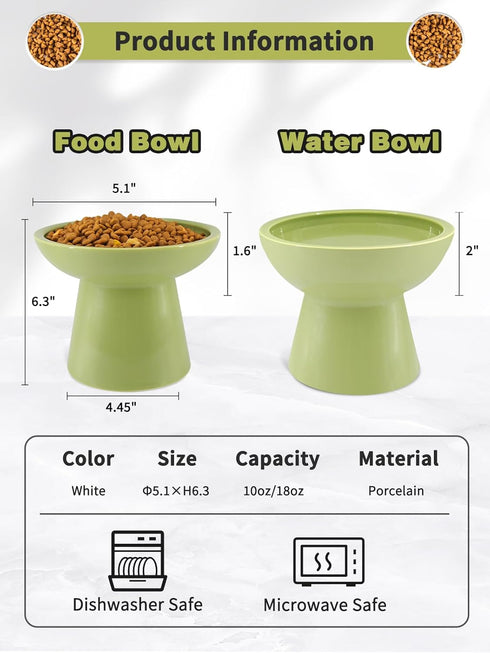 Elevated Cat Food and Water Bowls Set, Extra Wide and Raised Ceramic Cat Feeder, Anti-Vomit Whisker-Free Pressure Cat Feeding Bowl for Kittens Adult Cats Small Dogs (Green, Water Bowl)