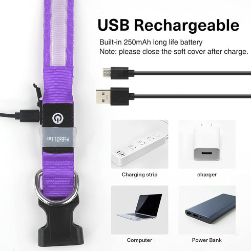PcEoTllar Light Up Dog Collar for Night Walking - LED Rechargeable Color Changing, Glow in The Dark Waterproof Collars