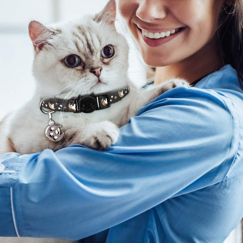 2Pcs Adjustable Breakaway Cat Collars with Bell & Pendant - Glow in The Dark, Purple + Black for Boy & Girl Cats
