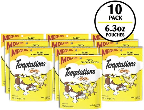 6.3 oz. (Pack 10) Temptations Cat Treats Classic Crunchy and Soft Cat Treats, Tasty Chicken Flavor, Pouch