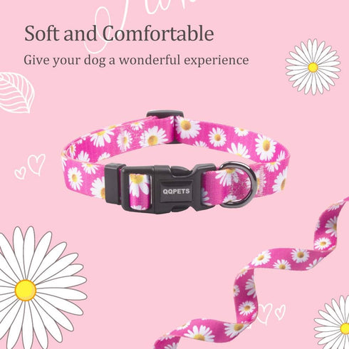 QQPETS Adjustable Soft Dog Collar - Print Flower Pink Multicolor Patterns for XS to Large Pets