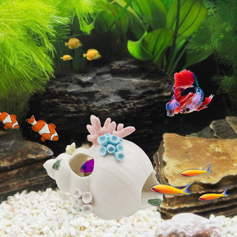 Aquarium Decorations, White Ceramic Conch Thematic Ornament for Betta Fish Hiding, Small and Medium