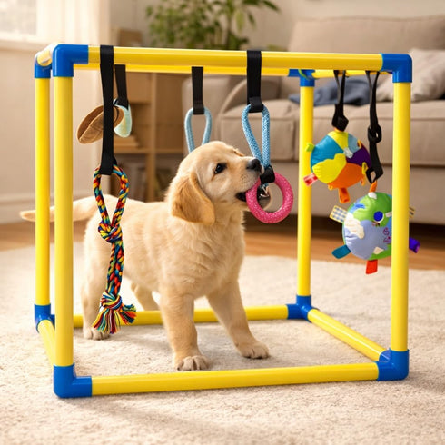 Puppy Play Gym with Hanging Toys Interactive Dog Enrichment Toy Frame for Indoor Puppy Training, Mental Stimulation