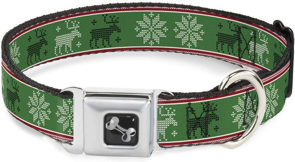 Buckle-Down Seatbelt Buckle Dog Collar - Christmas Stitch Moose/Snowflakes Red/Green - Fits 18-32" Neck - 1.5" Wide -