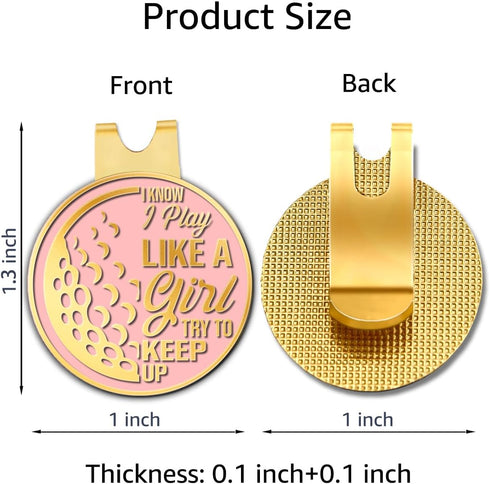 I Know I Play Like A Girl Try to Keep Up Pink Gold Golf Ball Marker with Hat Clip, Funny Golf Accessories and Golf Gifts for Women Her Wife Daughter, Birthday Gifts for Golfer Golf Lovers