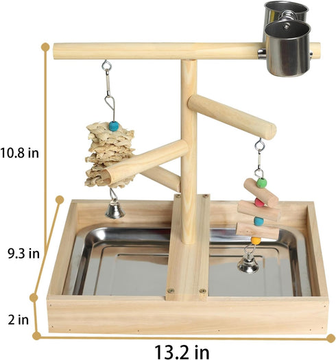 vibriskape Bird Playground, Natural Wood Bird Play Stand with Stand Perch, Two Toys, Two Food Cups, and Removable Tray