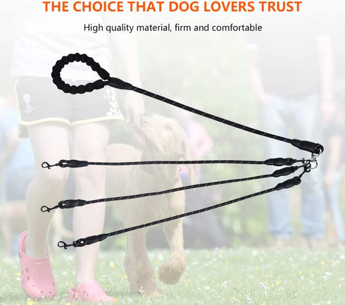 Three Dog Leash, Comfortable Double Dog Leash with Reflective, 360 Swivel No Tangle Training Leash for Large Medium