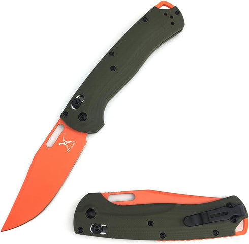 HUAAO Manual Open Folding Knife, Axis Lock Knife with 3.31’’ Orange D2 Blade and Green G10 Handle