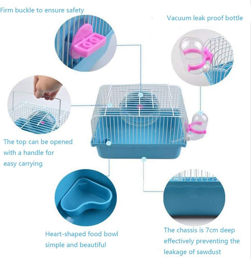 Pet Hamster Cage with Running Wheel, Water Bottle, Food Basin, Portable Carrier House Mice Home Habitat for Going Out,