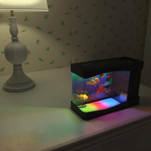 Playlearn Mini Aquarium Toy Fish Tank with Moving Fish – USB/Battery Powered – Fake Aquarium with 3 Fish