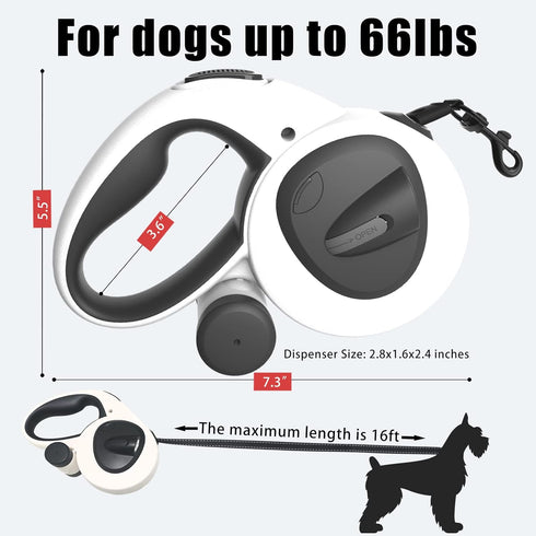 Upgrade 4-in-1 Retractable Dog Leash with LED Light & Dispenser & Poop Bags, 16ft Heavy Duty for Dogs up to 66lbs