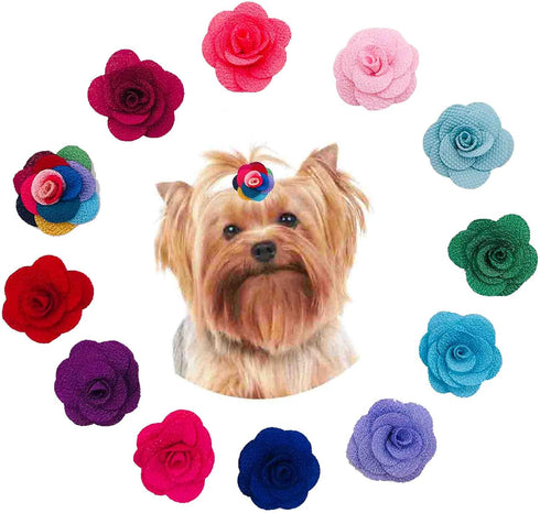 24pcs/12pairs Dog Hair Flowers with Rubber Band for Puppy Small Medium Animals, Mixed Color Grooming Accessories