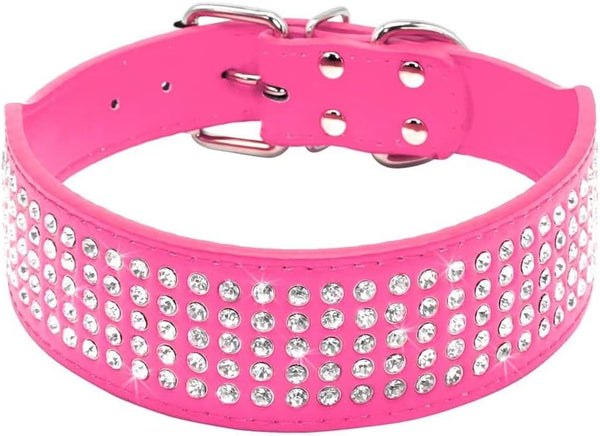 Rhinestones Dog Collars - 2" Width with 5 Rows Full Sparkly Crystal Diamonds Studded PU Leather - Beautiful Bling Pet