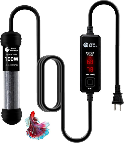 AquaMiracle Upgraded 100W Small Aquarium Heater with Dry-Run Protection and Dual LED Display for 10-20 Gal
