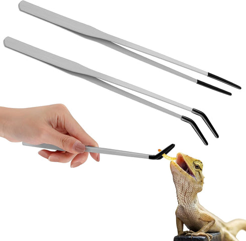 2 Pcs Extra Long Stainless Steel Reptile Feeding Tongs, Bearded Dragon Aquarium Straight and Curved Long Tweezer