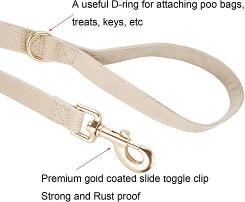 Soft Corduroy Dog Collar and Leash Set, Adjustable Cotton Collars with Metal Buckle for Small Dogs, Beige