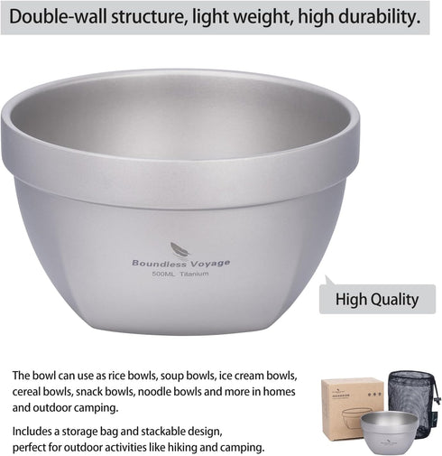 (500ml) Boundless Voyage Titanium Double Walled Bowl - Ultralight Portable Tableware for Oatmeal, Rice, Soup, Yogurt