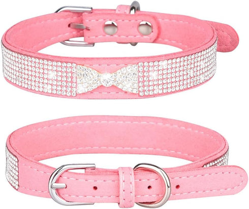 Small Dog Collar for Female Dogs, Pink Bling Bow Rhinestone Sparkly Crystal Jewel Diamond, XXS XS Small Medium