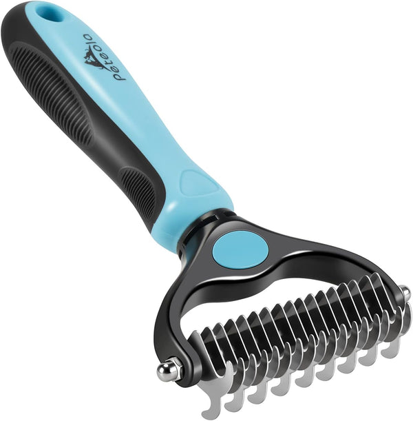 Pet Grooming Brush - 2 Sided Undercoat Rake for Deshedding and Detangling Fur for Cats and Dogs (Blue)