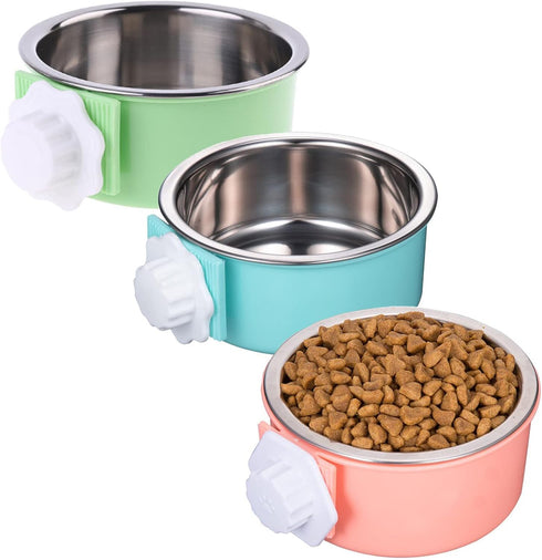 3 Pieces Crate Dog Bowl, Removable Stainless Steel Pet Feeder Bowl for Puppy, Medium Dog, Cat, Rabbit (Blue, Red, Green)