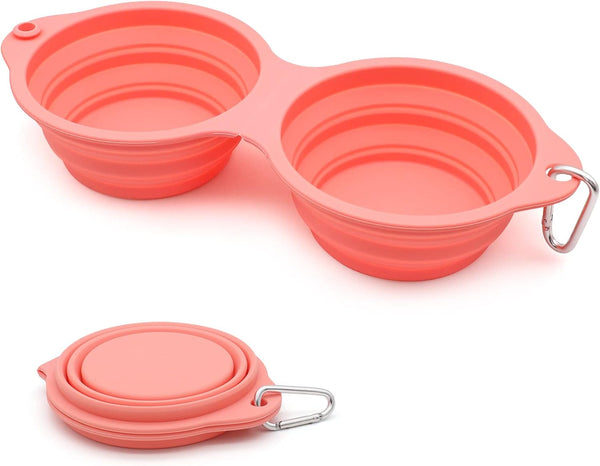 SLSON Collapsible Dog Bowls, 2 in 1 Foldable Pet Food & Water Bowl, Integrated Molding Double Bowl, Coral Pink