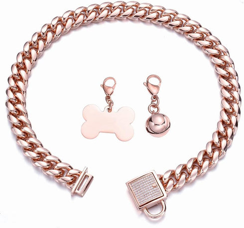 Rose Gold Chain Dog Collar - 10MM/14MM Cuban Link Chew Proof Stainless Steel (10-26 Inch, 14mm, 20inch)