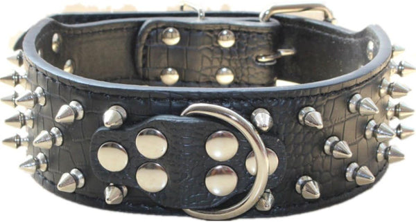 Spiked Leather Dog Collar, Bullet Rivets Studded 2 Inch Width for Medium & Large Dogs (Black, L)