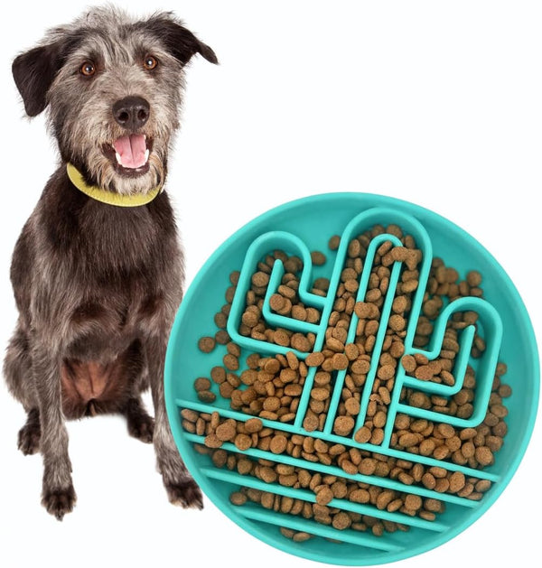 Cactus Slow Feeder Dog Bowls - Silicone Non-Slip Puzzle Bowl for Large Medium Small Breeds