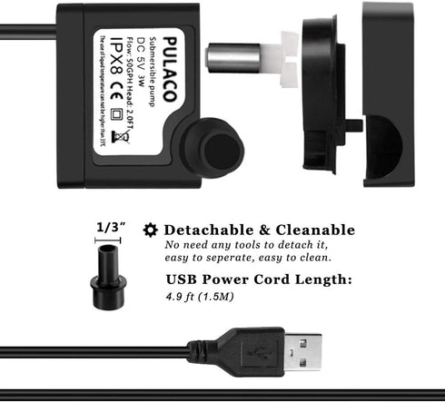 PULACO DC 5V USB Mini Submersible Water Pump with Tubing for Pet Fountain, Aquarium, Pond, Hydroponics