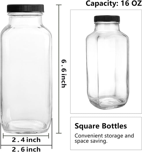 12 Pack 16 OZ GUANENA Glass Drink Bottles, Vintage Square Water Bottles with Lids, Juice Bottles Beverages Containers