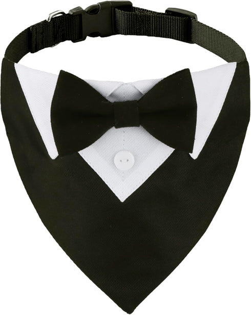 ADOGGYGO Dog Tuxedo Wedding Bandana Collar with Bow Tie, Adjustable for Small Medium Large Dogs, Black