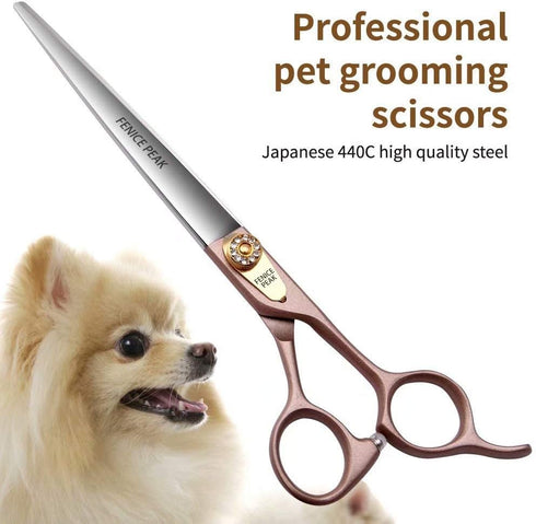 Fenice Peak 7.5'' Dog Straight Scissors for Grooming, 440C Stainless Steel Rose Gold Professional Pet Trimming
